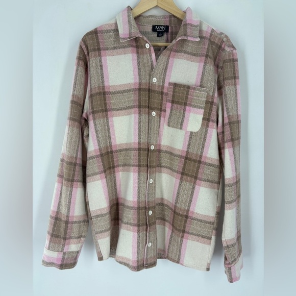 Boohoo Men's Pink and Brown Plaid Shirt Jacket - Picture 4 of 11